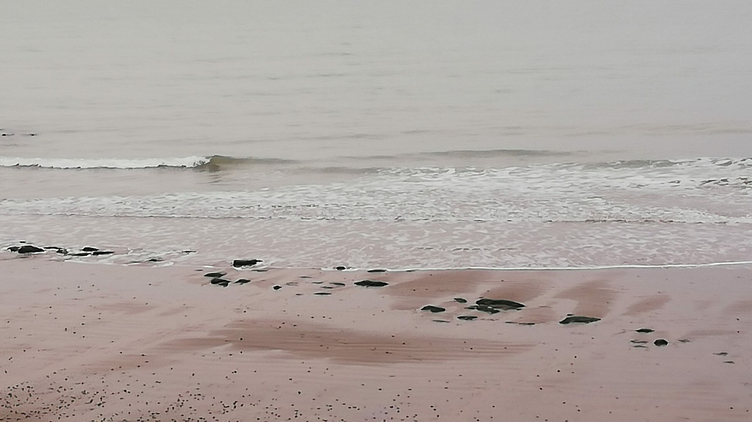 Gentle waves rolling onto a sandy shoreline with scattered pebbles and soft, muted light