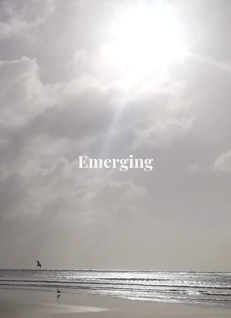 Soft light breaking through clouds over the sea with the word 'Emerging'